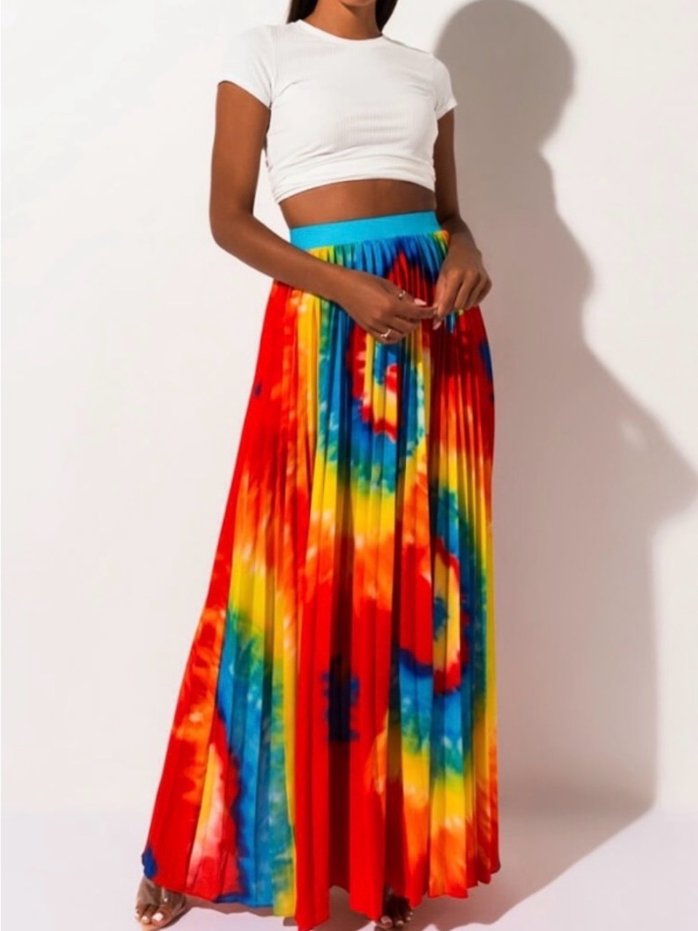 AKIRA Rainbow Tie-Dye Pleated Maxi Skirt